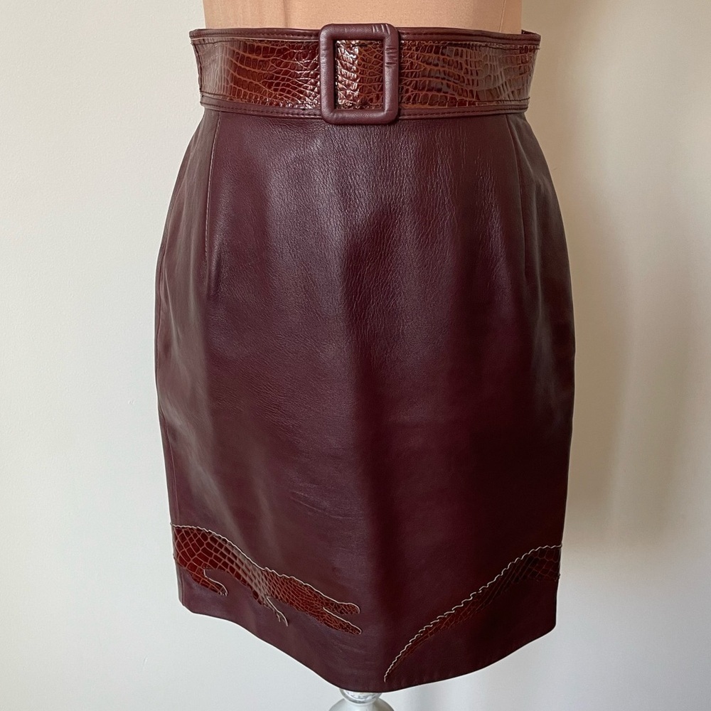 Vintage Italian Brown Leather Alligator Embossed Printed Pencil Skirt IT 42 US 6